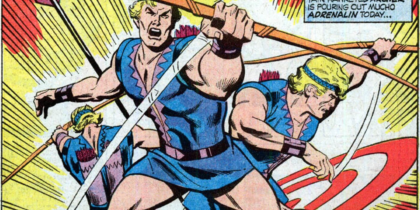 Hawkeye wearing his tunic skirt in Marvel Comics