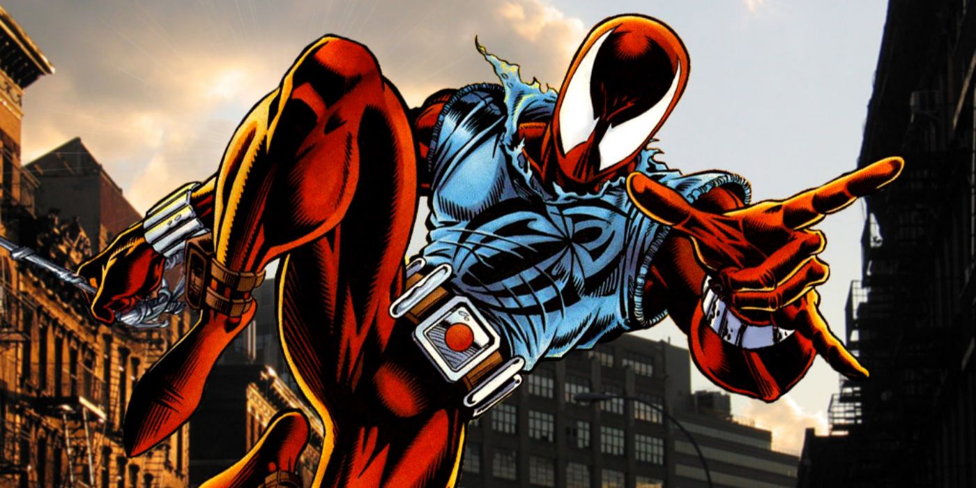 Ben Reilly swinging through the city as the Scarlet Spider