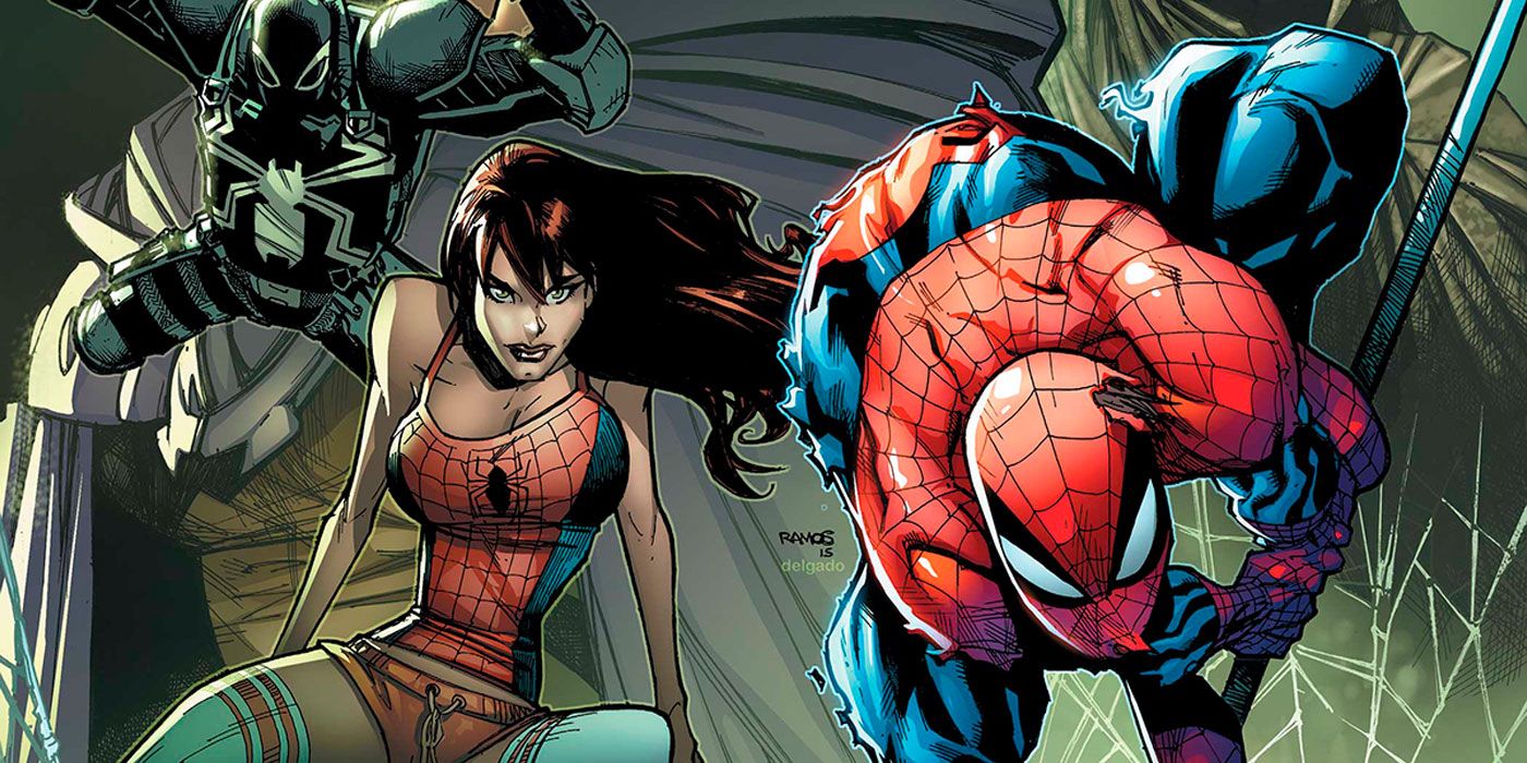 Spider-Man, Mary Jane with spider-powers, and Flash Thompson as Venom during Marvel Comics "Spider-Island" event