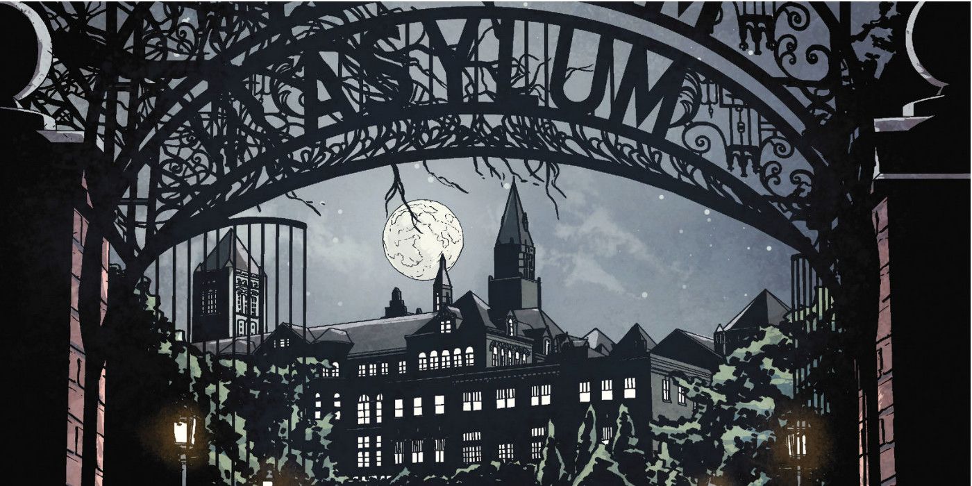 An image of the gateway into DC Comics' Arkham Asylum