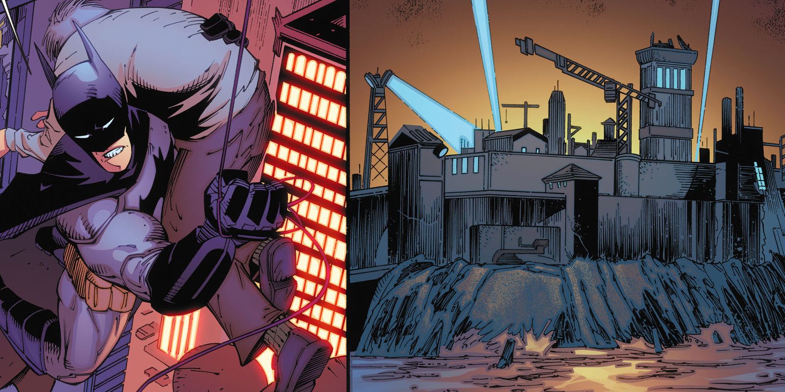 A split image of Batman carrying someone over his shoulder and Blackgate Prison