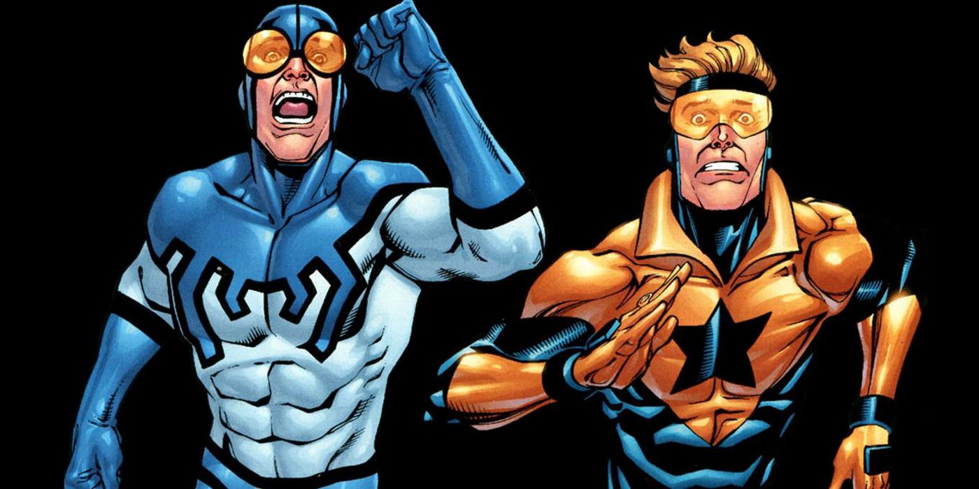 Booster Gold and Blue Beetle flee in fear in DC Comics