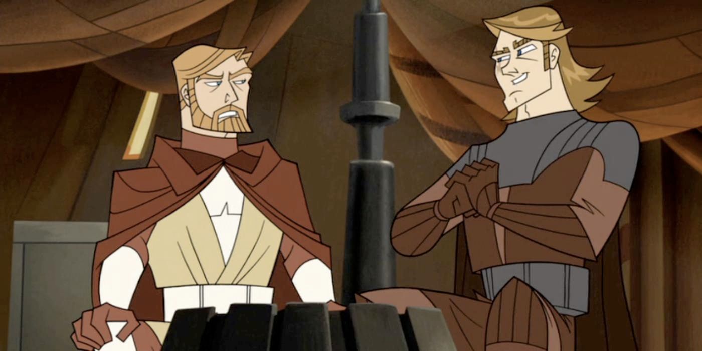 Animated Anakin Skywalker and Obi-Wan Kenobi at a market in Star Wars: The Clone Wars