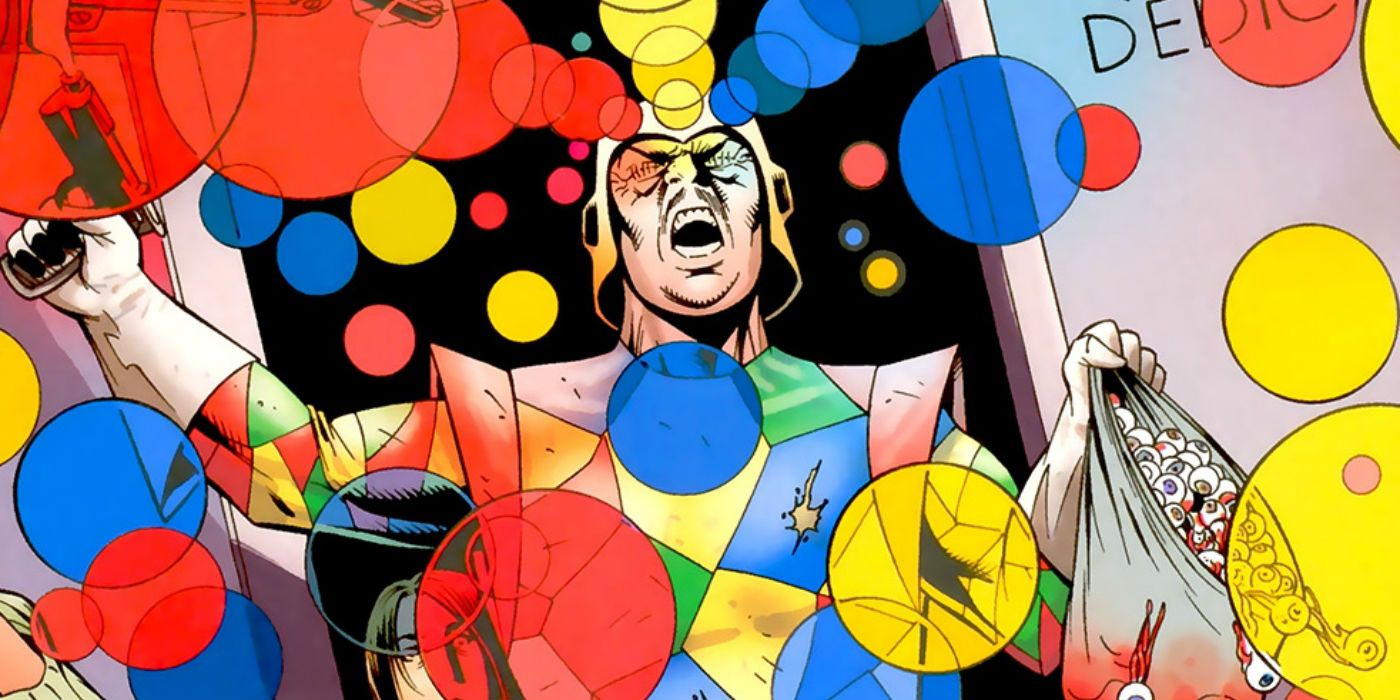 Crazy Quilt uses his colorful helmet in an appearance from DC Comics.