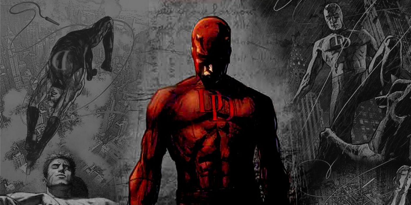 an image of Daredevil in front of a black and white background