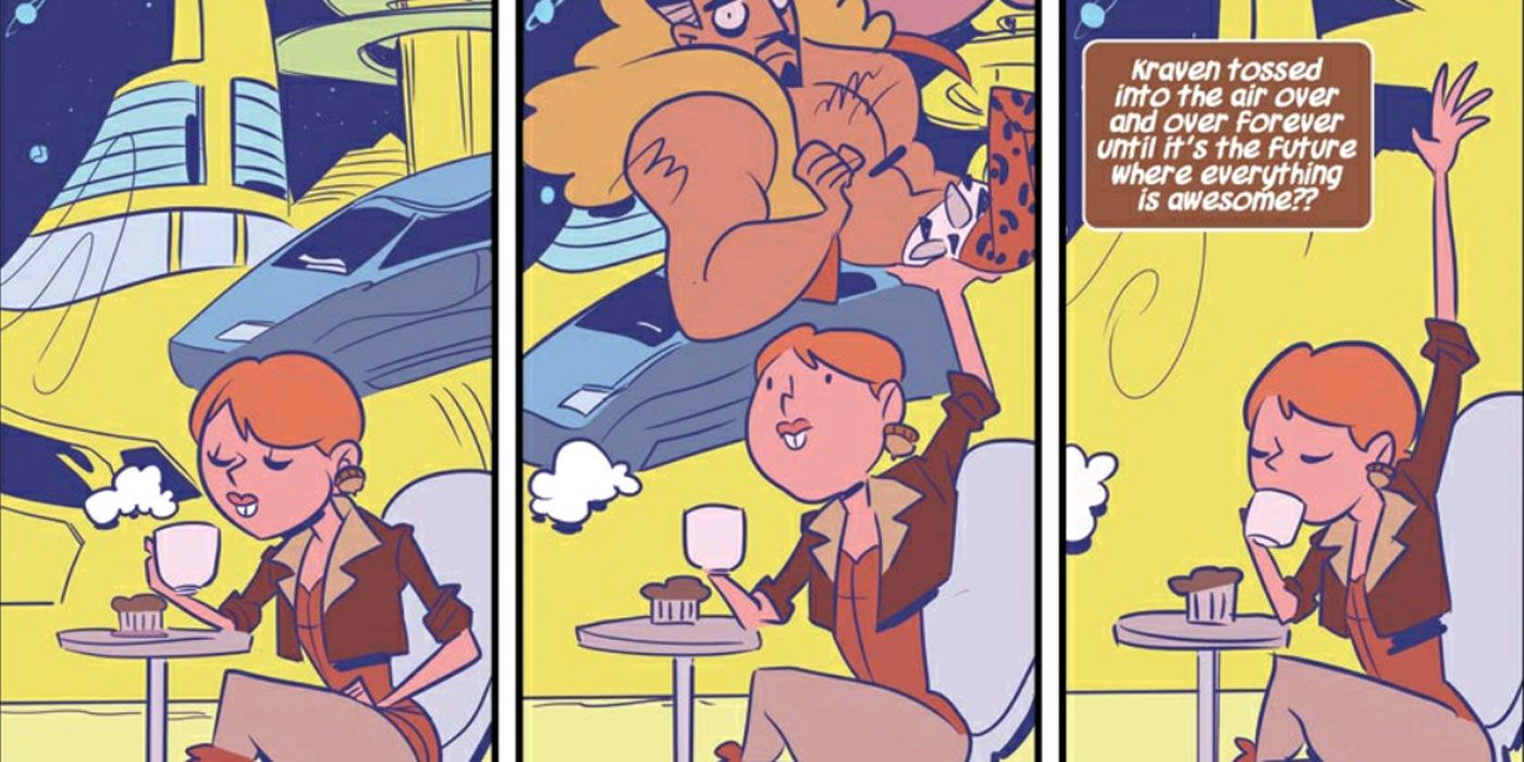 Three panels of Squirrel Girl drinking coffee while tossing Kraven the Hunter in the air casually