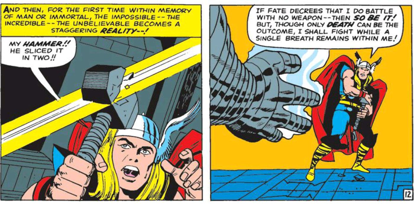 Destroyer slices Mjolnir in two in Journey Into Mystery 118 by Jack Kirby