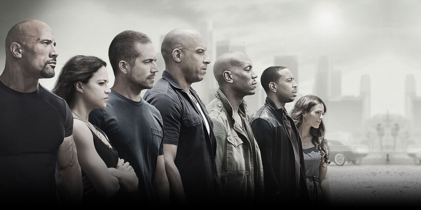 An image of promotional art for Fast and Furious 7, featuring the film's main cast