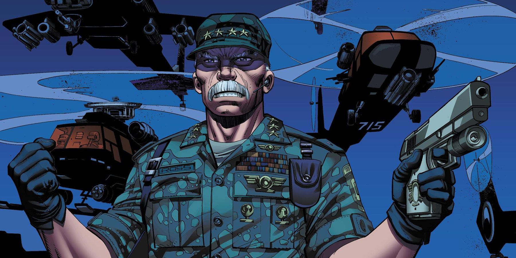 General Thunderbolt Ross Holding a Weapon Surrounded by Helicopters