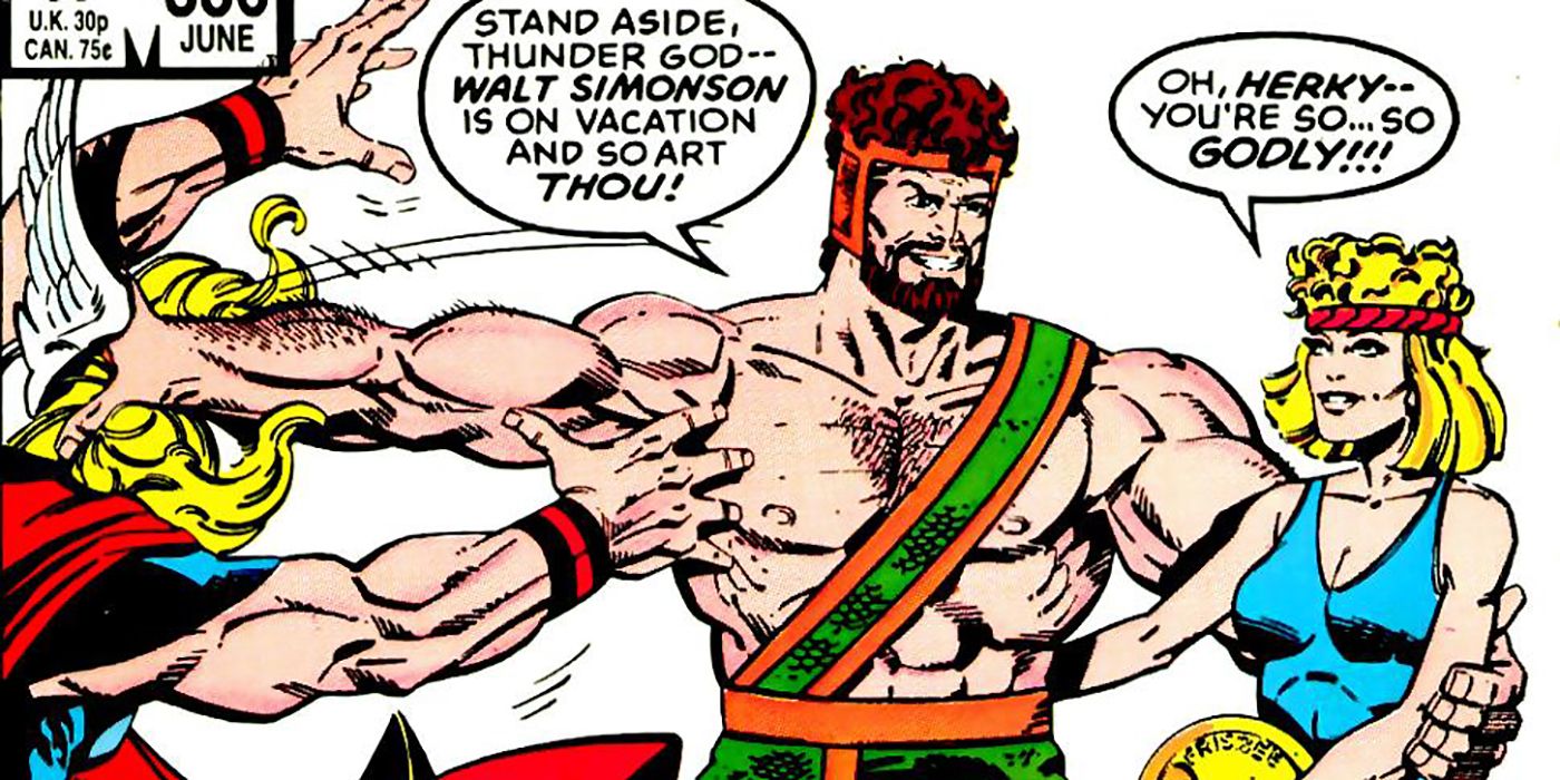 Hercules in Walt Simonson's run hitting on a woman while hitting Thor