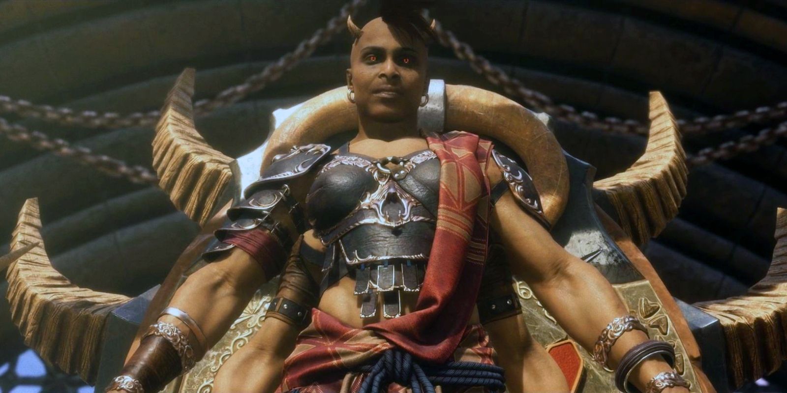 Sheeva looks down on a vanquished opponent in Mortal Kombat 11