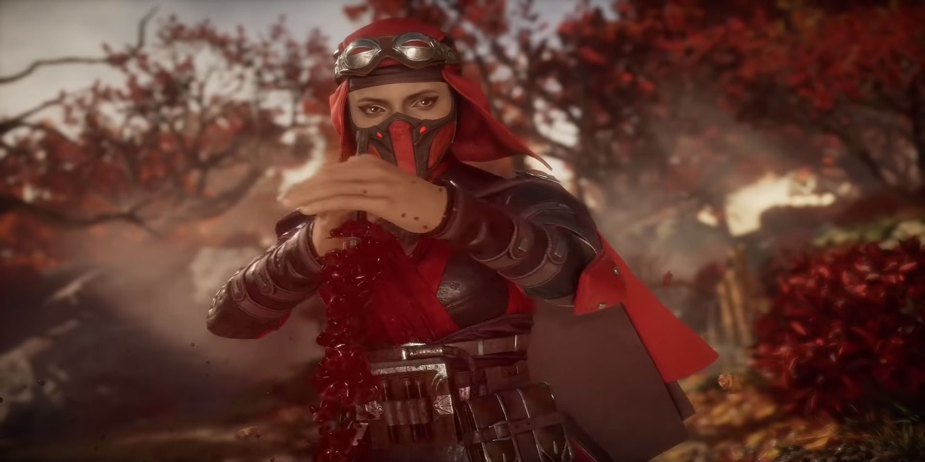 Skarlet from Mortal Kombat 11 cuts her hand with a bloody knife in intro scene.