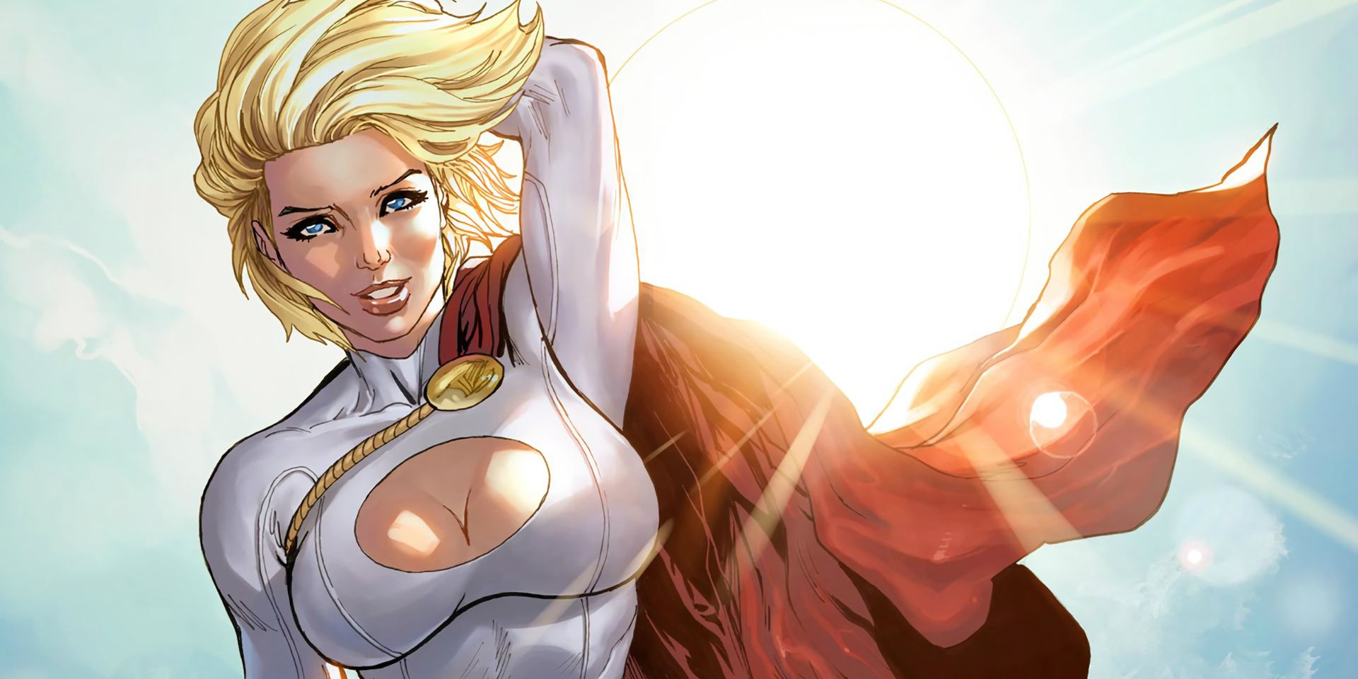 Power Girl smiles while hovering in the sky in DC Comics