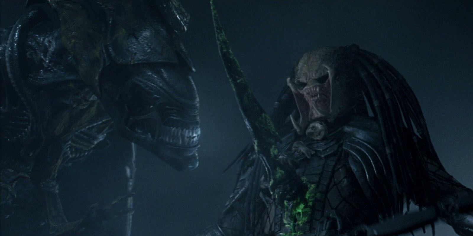 A Predator impaled by a xenomorph, from the AvP film franchise
