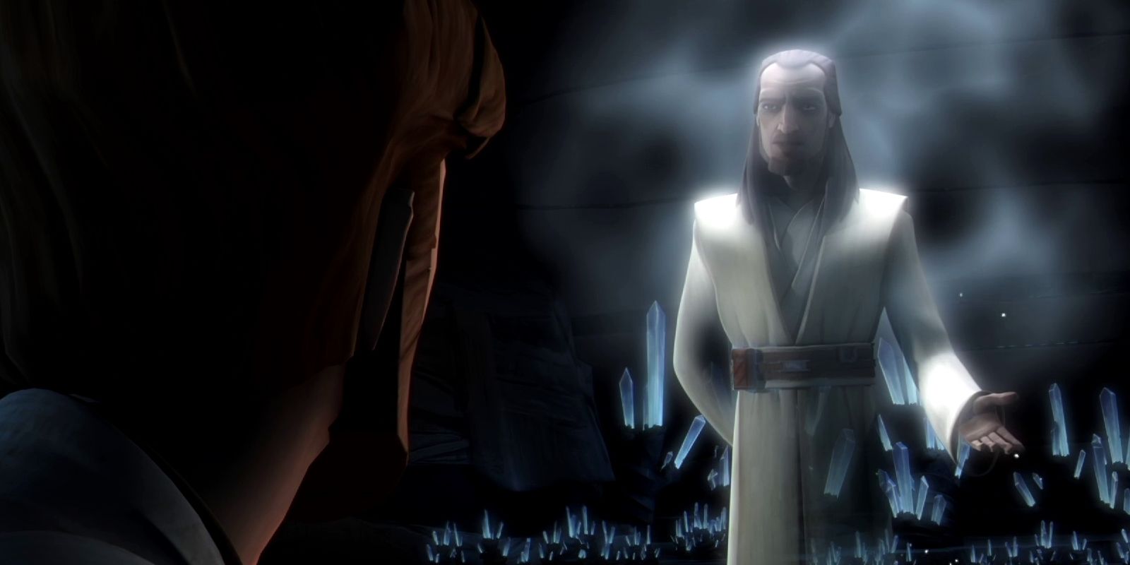 Qui Gon Jinn's Force ghost speaks to Obi-Wan on Mortis
