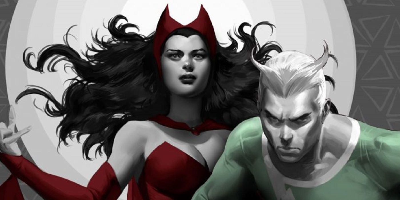 Quicksilver and Scarlet Witch stand in front of a full moon in Marvel Comics