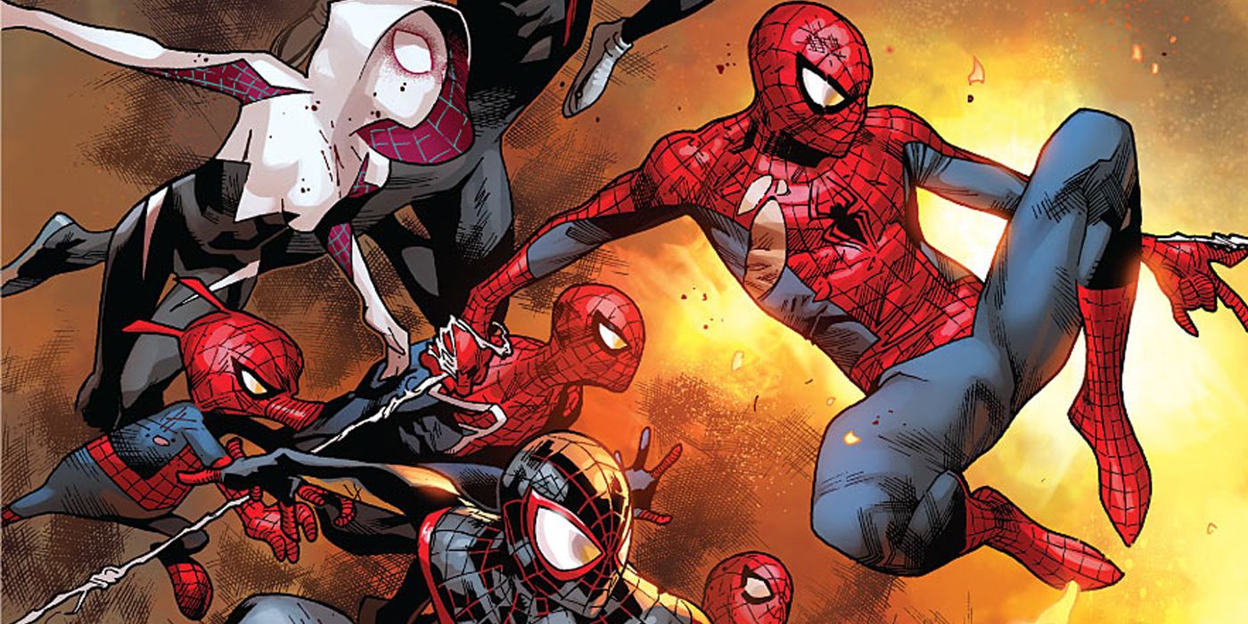 Spider-Man leading other spider-heroes in Spider-Verse
