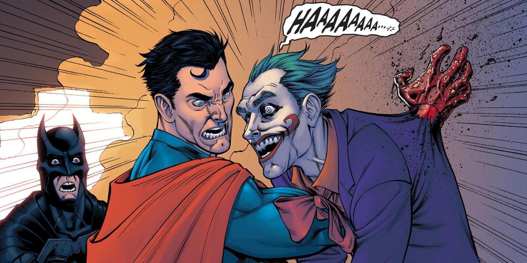 Superman punches his hand through the Joker's chest