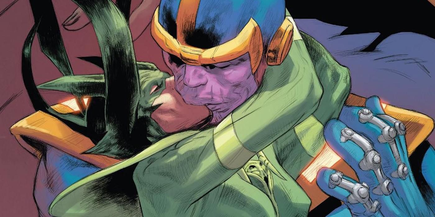 Thanos and Hela sharing a passionate kiss