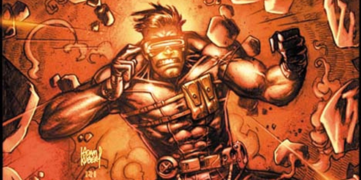 Ultimate X-Men Cyclops blasts through rubble and debris.