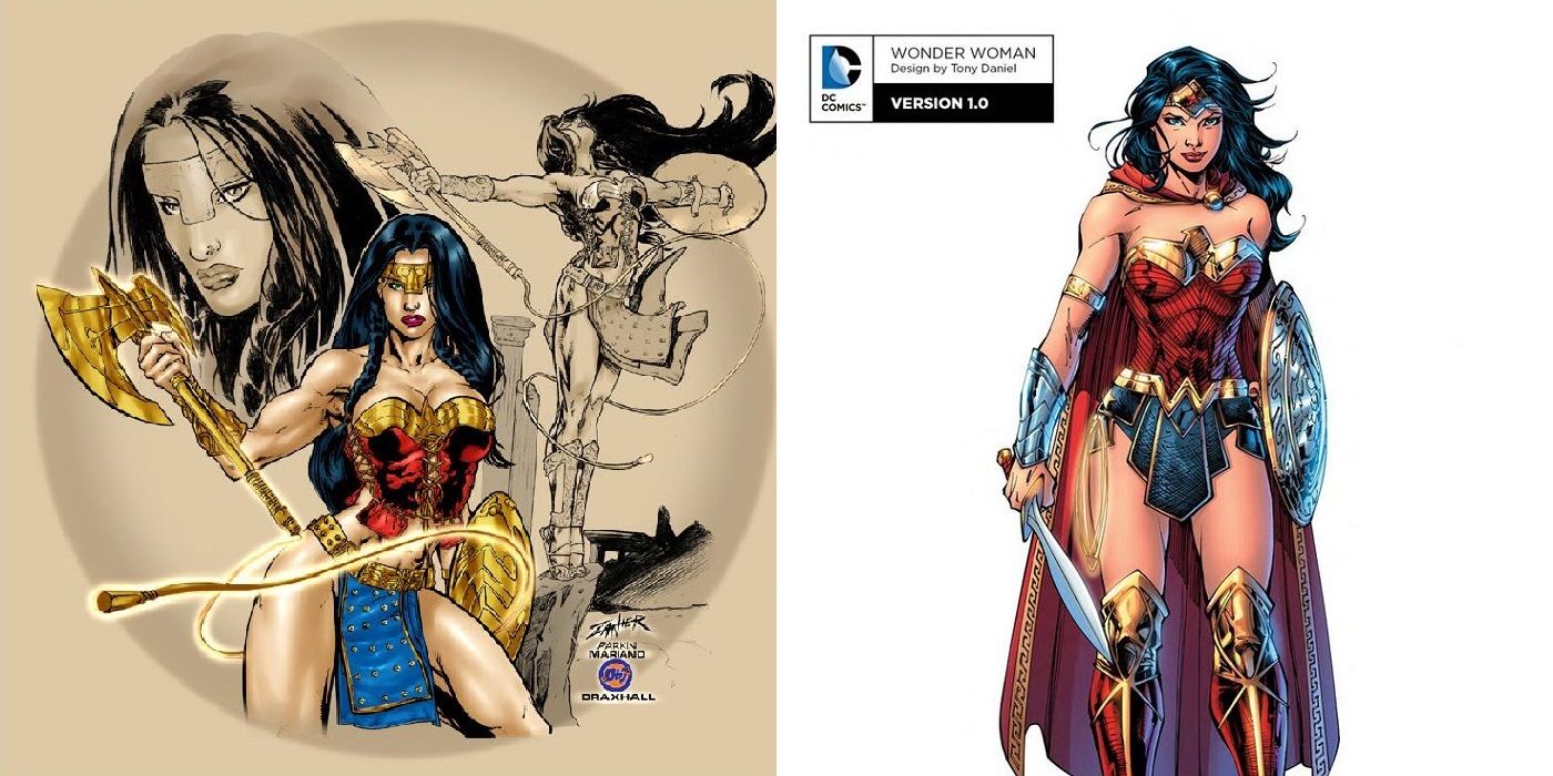 Wonder Woman's loincloth outfit from Wizard Magazine, compared with a modified version