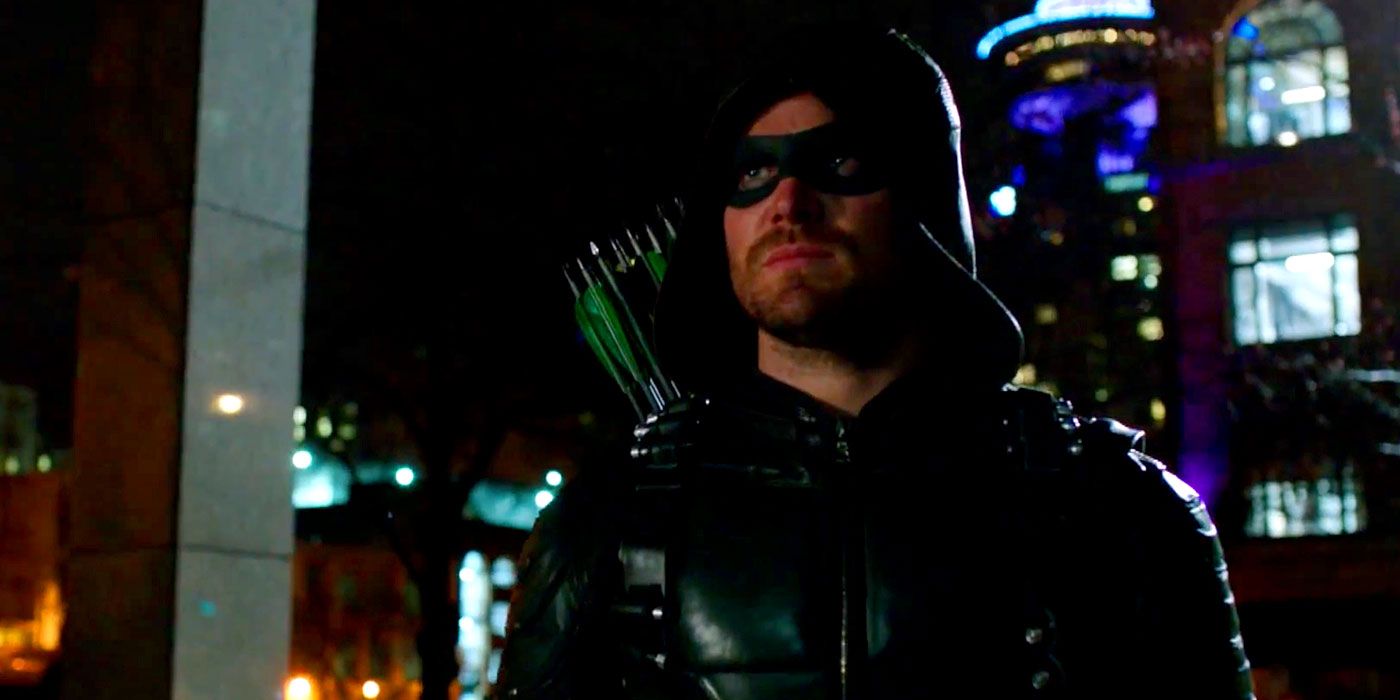 Stephen Amell as Oliver Queen in Arrow as his alter-ego the Green Arrow.