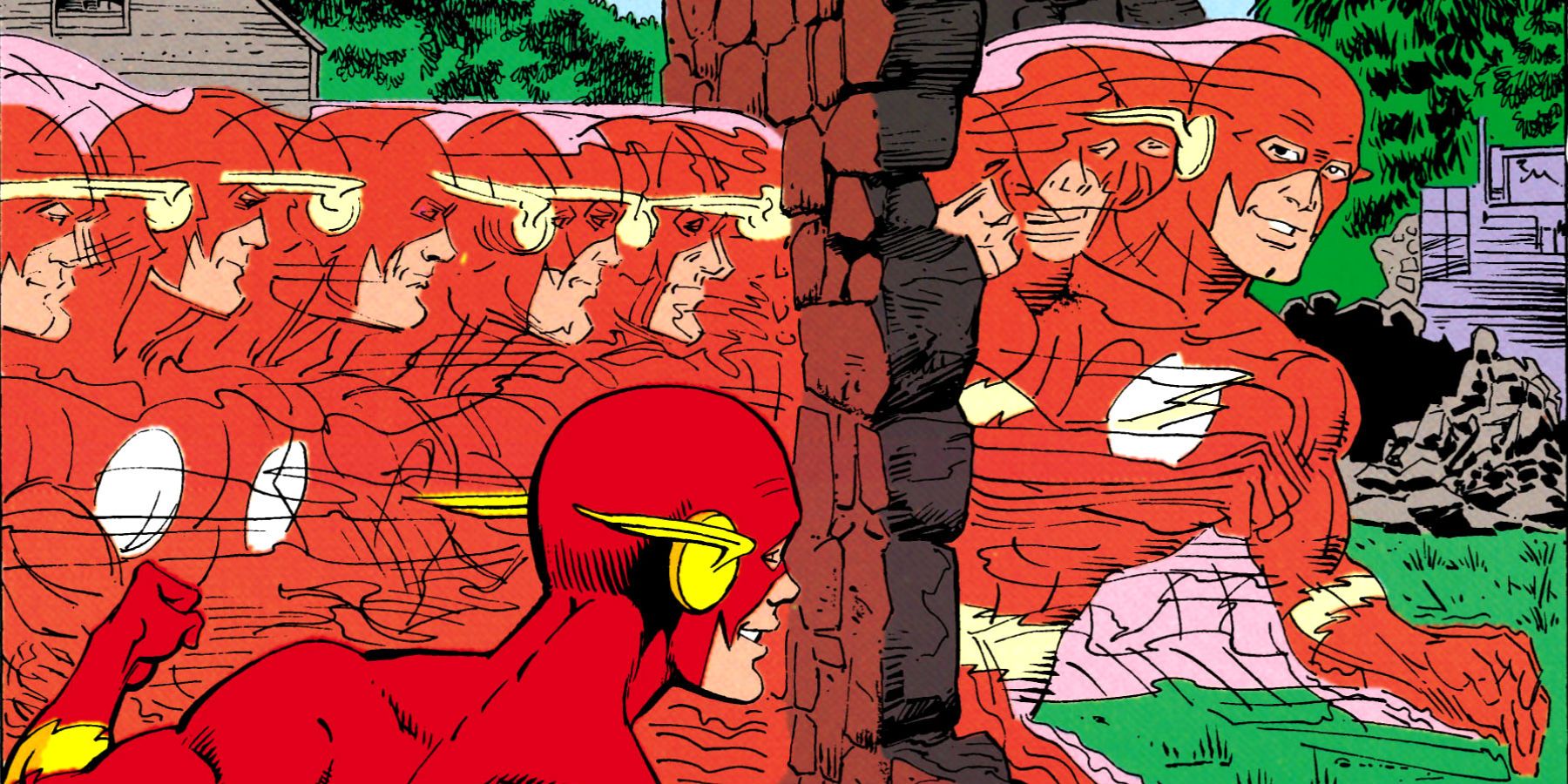 The Flash phasing through a wall while Kid Flash watches