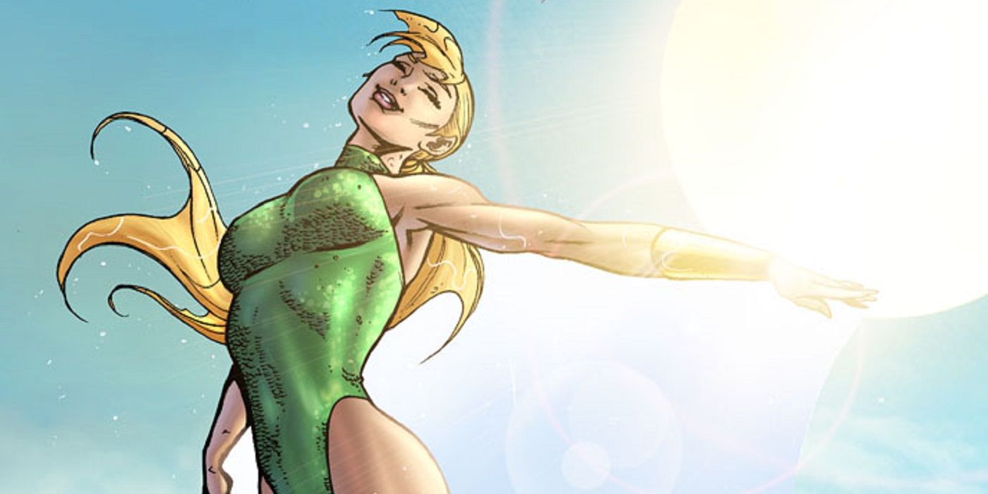 Namorita flying through the air with the sun behind her