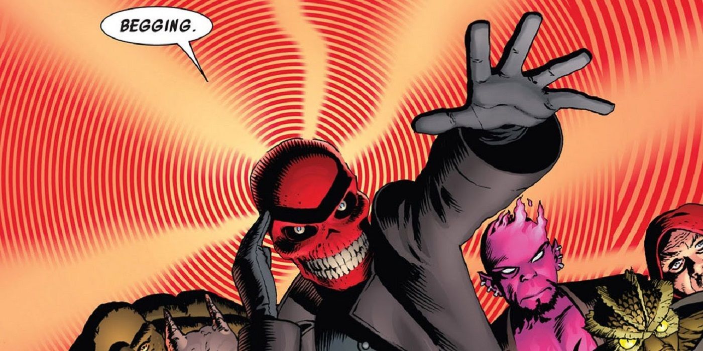 Marvel Comics' Red Skull using stolen telepathic powers with his S-Men behind him