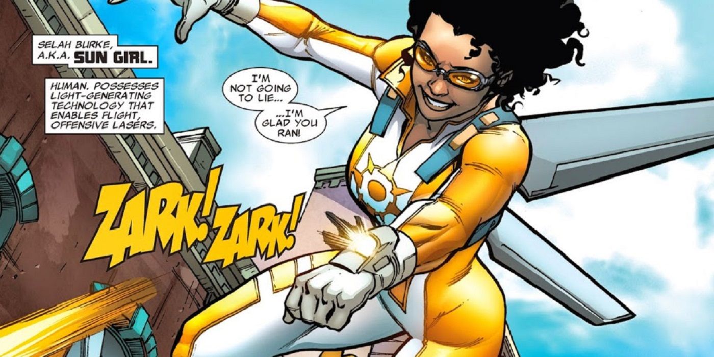 Sun Girl from the New Warriors shooting at villains in Marvel Comics