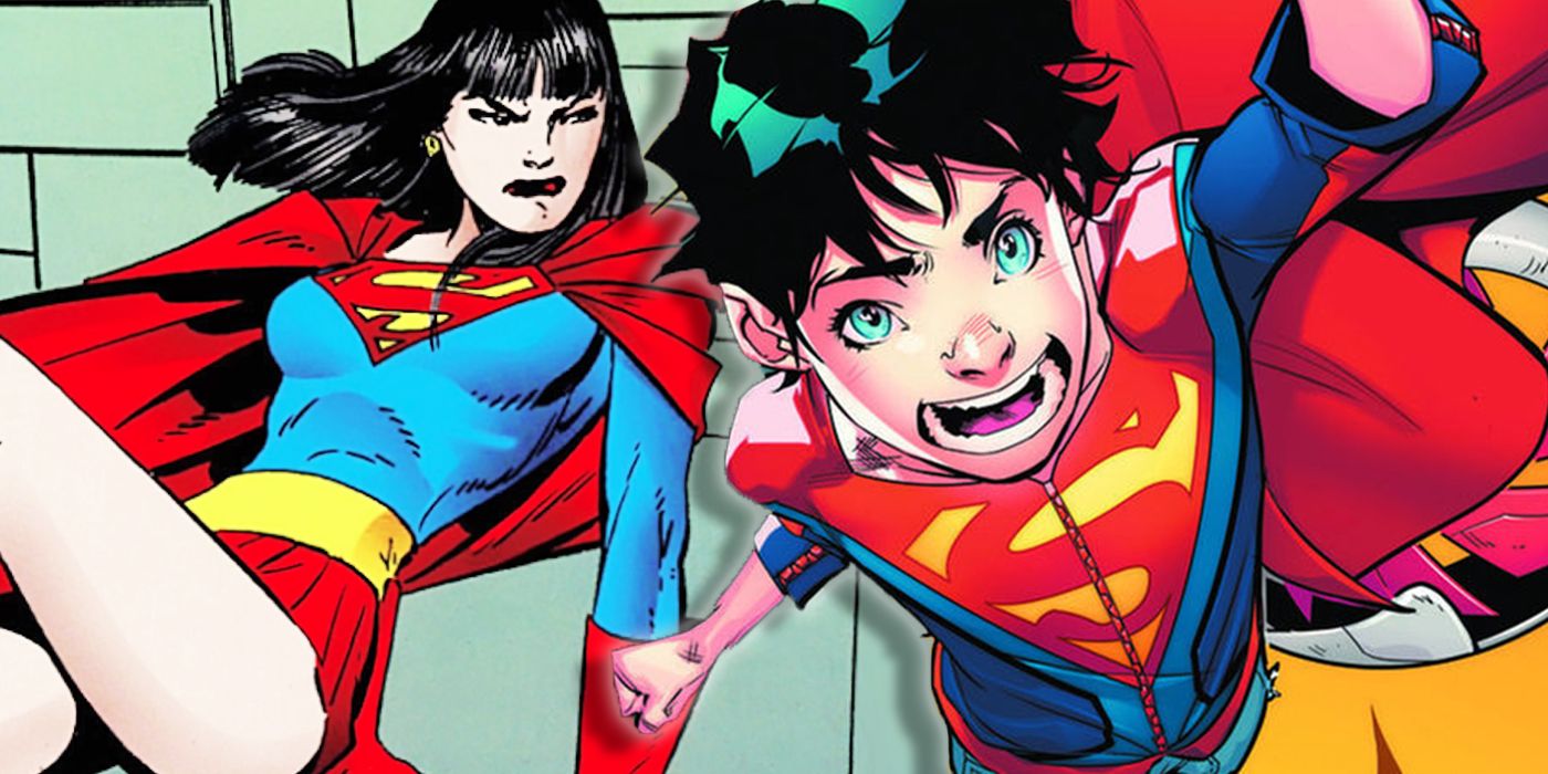 Split image of Kara Kent as Supergirl and Jon Kent as Superboy from DC Comics