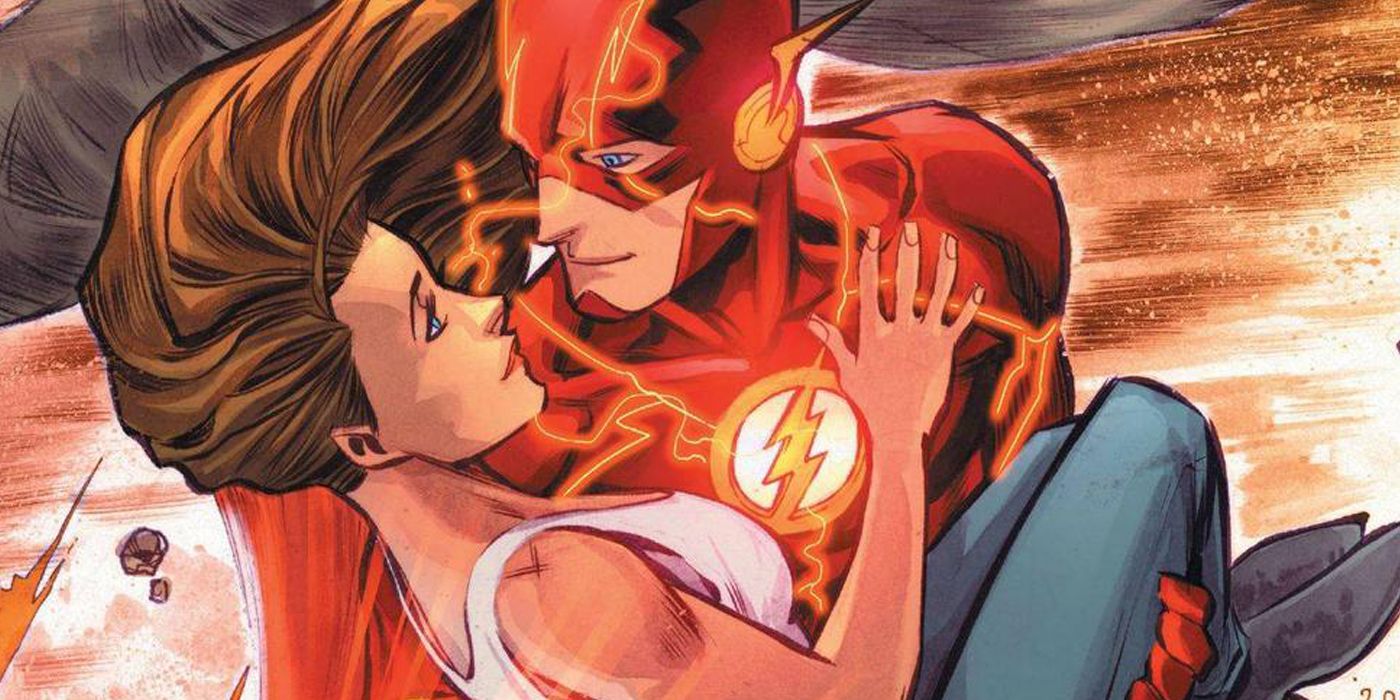 The Flash running with Iris West in DC Comics