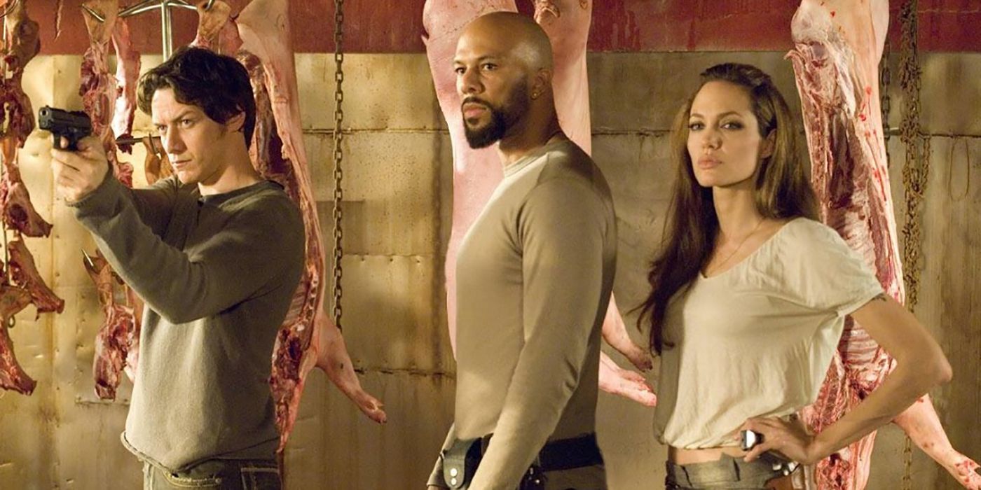 James McAvoy, Common and Angelina Jolie in a butcher shop in Wanted.