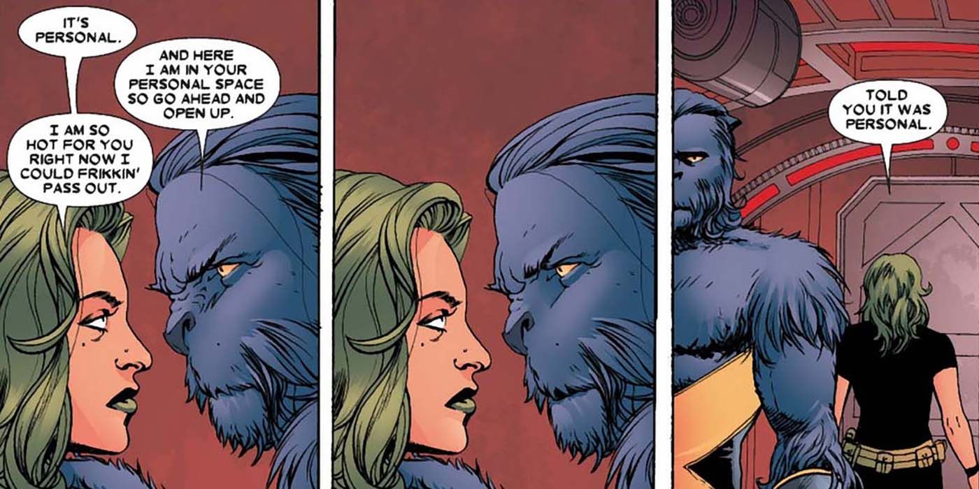 Beast and Abigail Brand in Marvel X-Men Comic panels