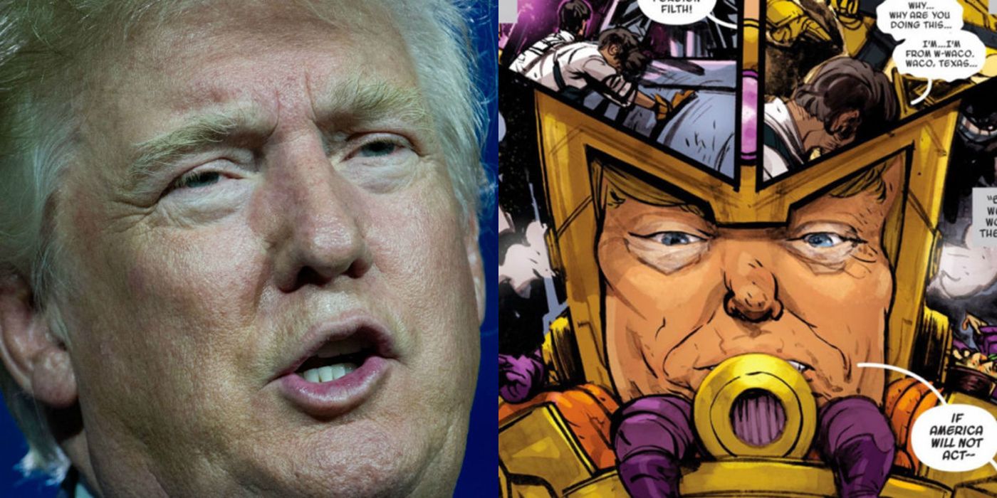A split image of Donald Trump and Marvel Comics' MODAAK