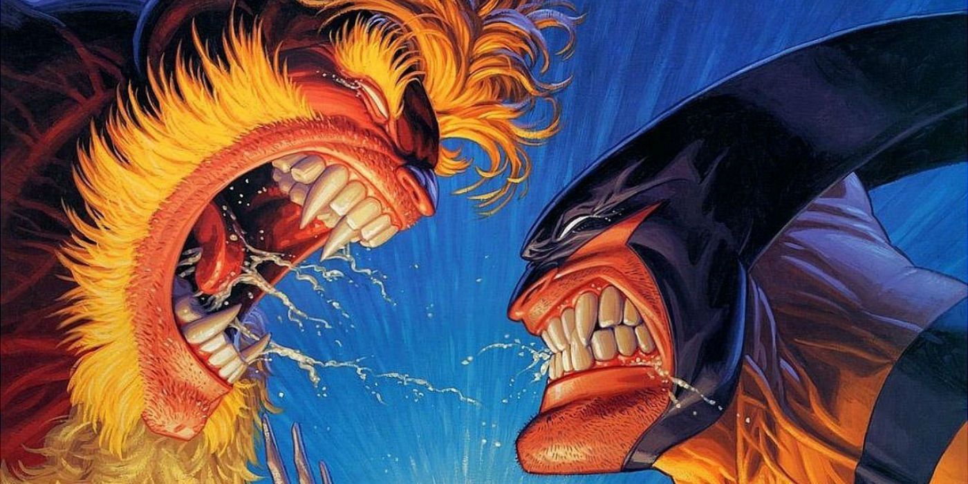 Wolverine and Sabretooth snarl at each other and prepare to duel