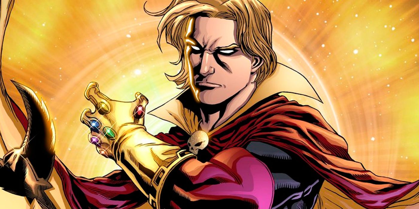 Adam Warlock wearing the Infinity Gauntlet in a scene within Marvel Comics.