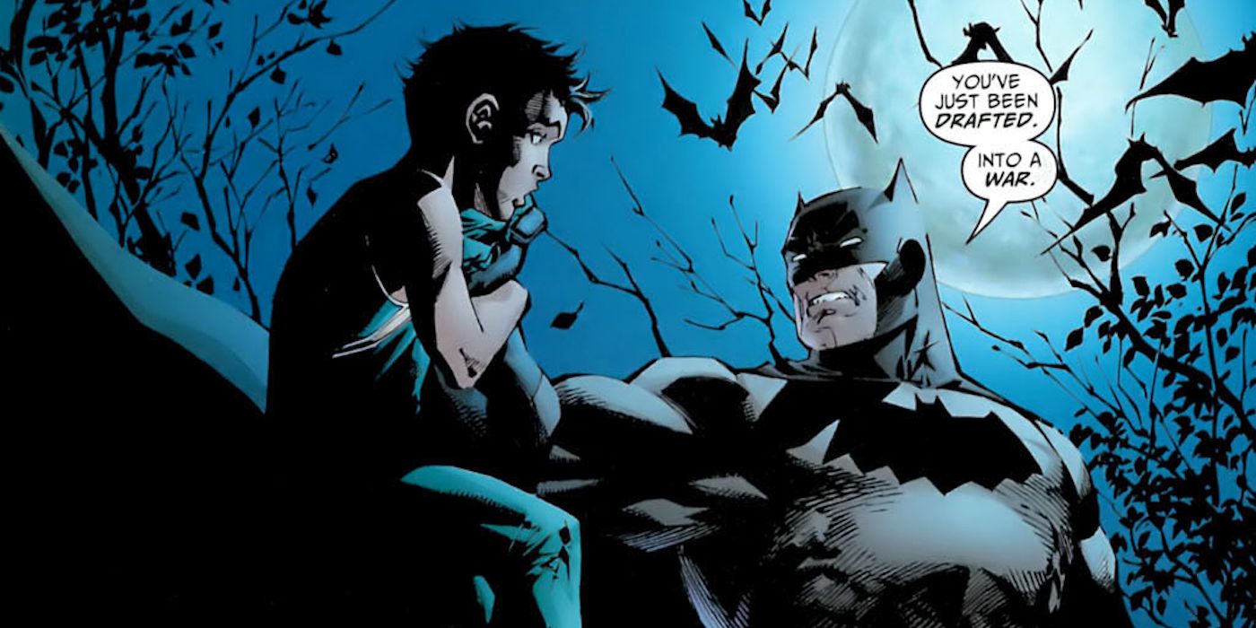 Batman lifts up Dick Grayson by his collar