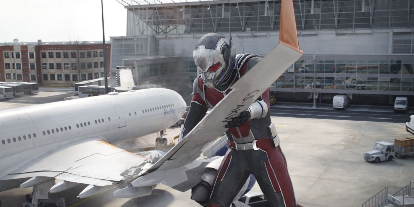 ant-man tearing off an airplane wing