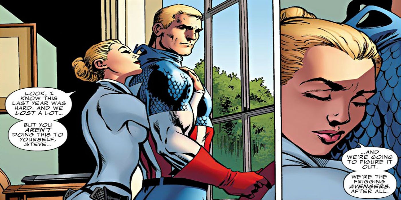 Sharon Carter hugs Captain America and offers him encouragement.