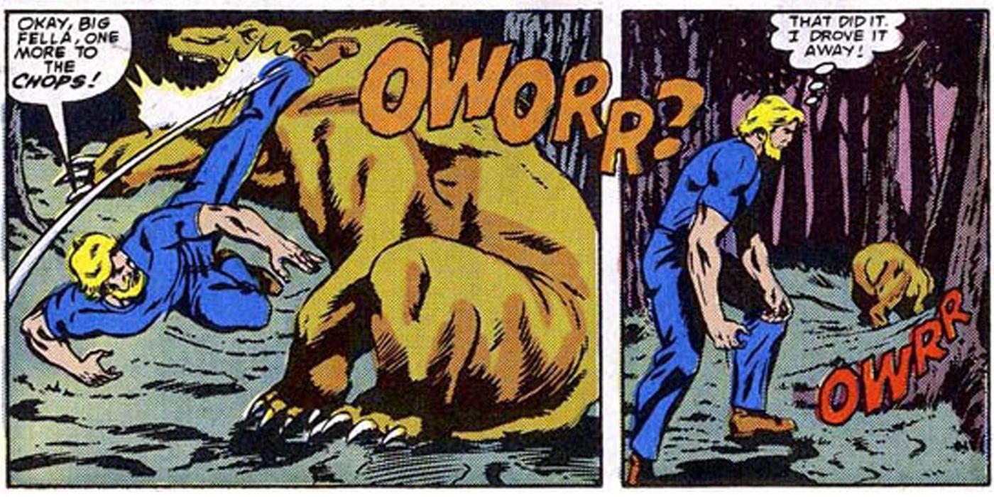 Captain America fights a bear out of costume in the woods