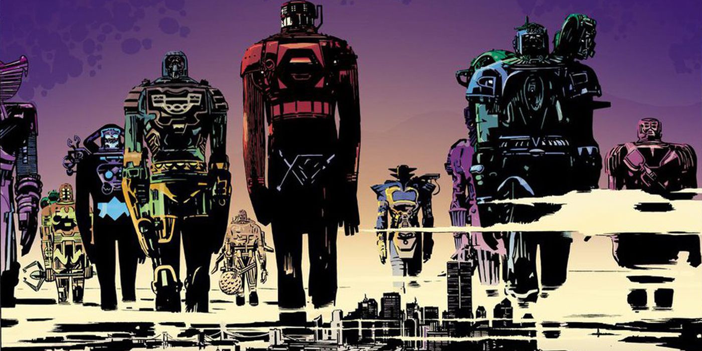 Celestials in Marvel Comics' Earth-X walking through a city