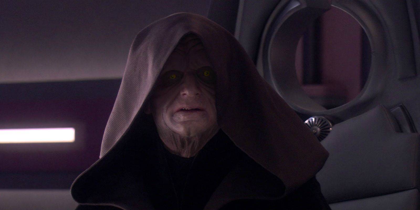 Darth Sidious sitting in a chair in Star Wars: Revenge of the Sith.
