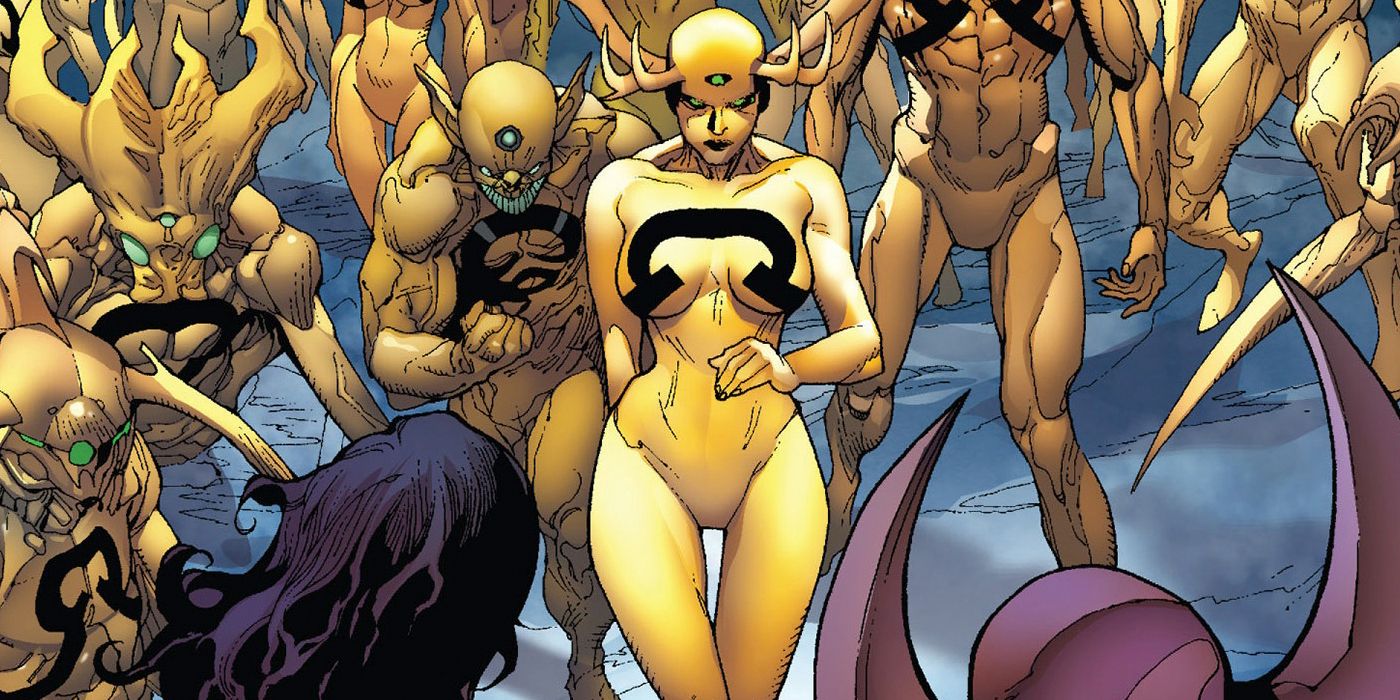 Ex Nihilia from Marvel's Infinity standing among members of her species