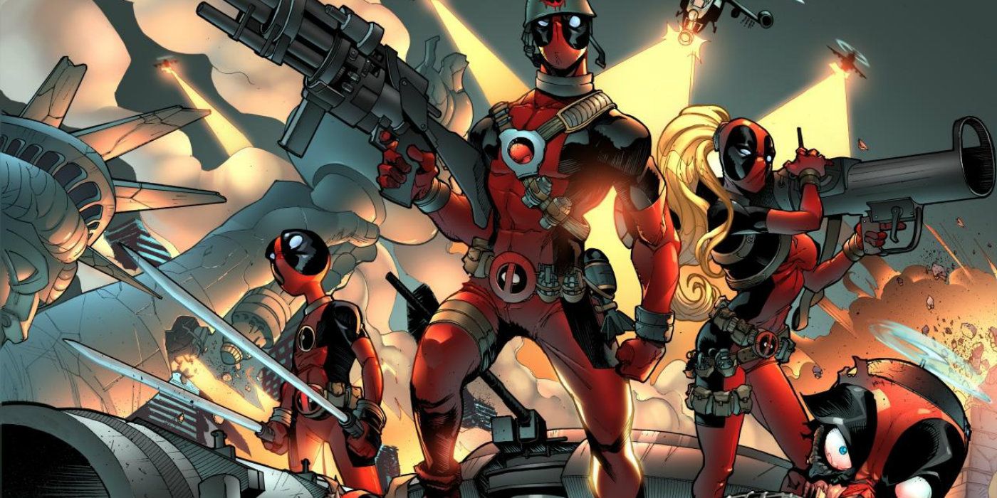 The multiversal members of the Deadpool Corps at the Statue of Liberty