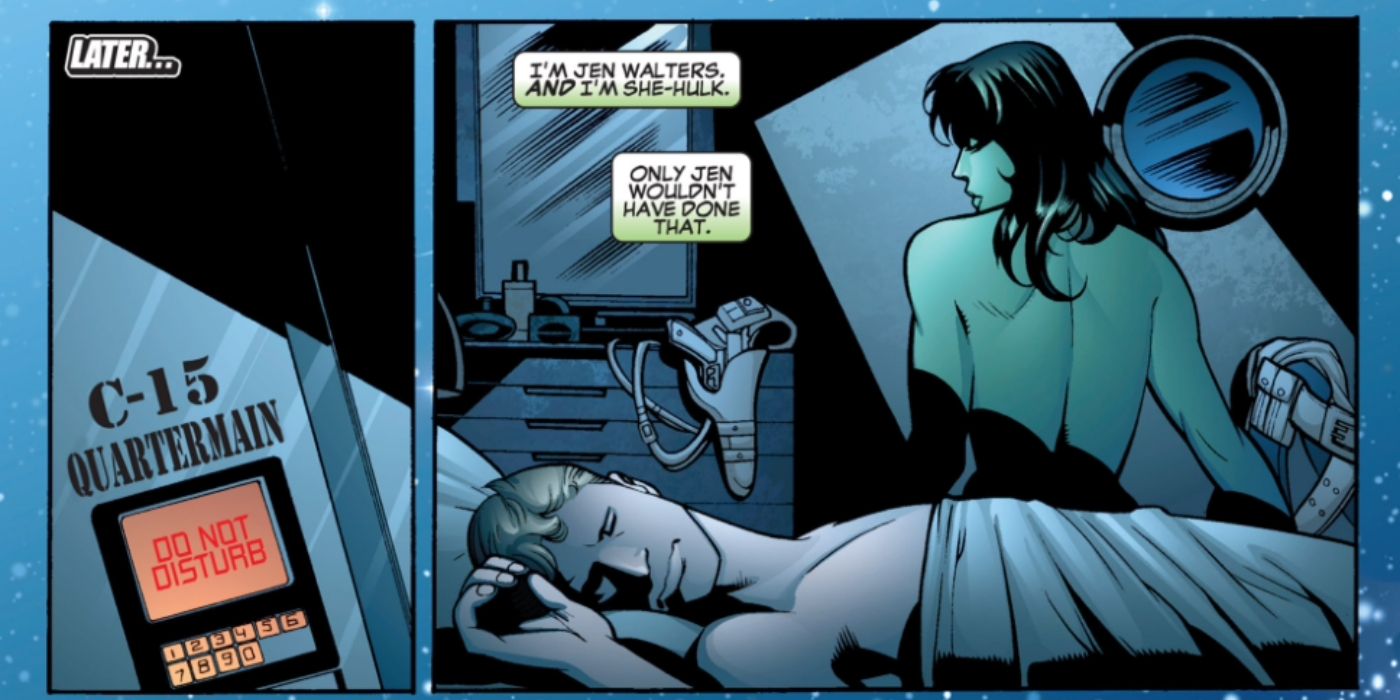 SHIELD Agent Clay Quartermain sleeping in She-Hulk's quarters in Marvel Comics.