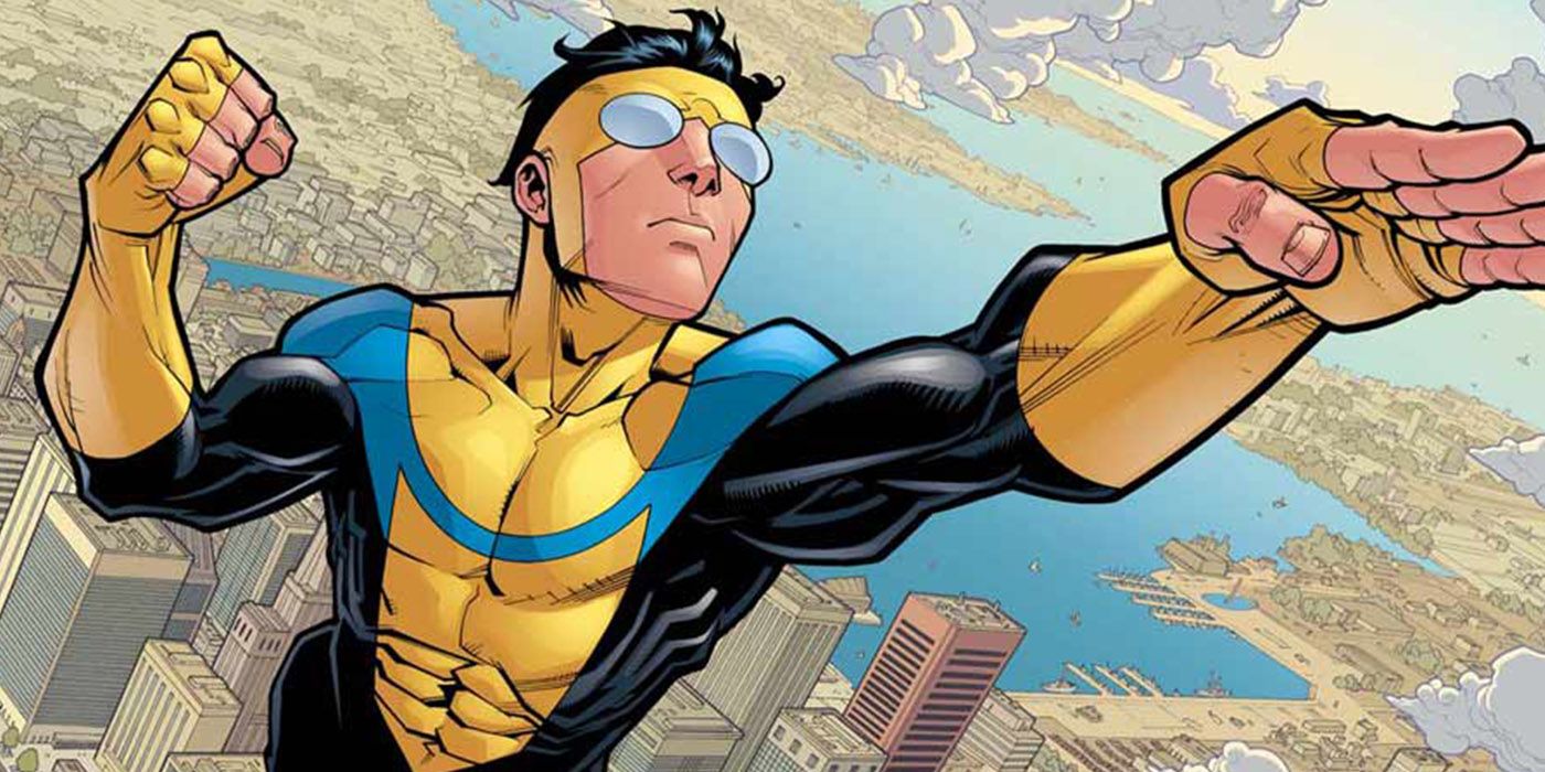 Mark Grayson flying over the city as Invincible.