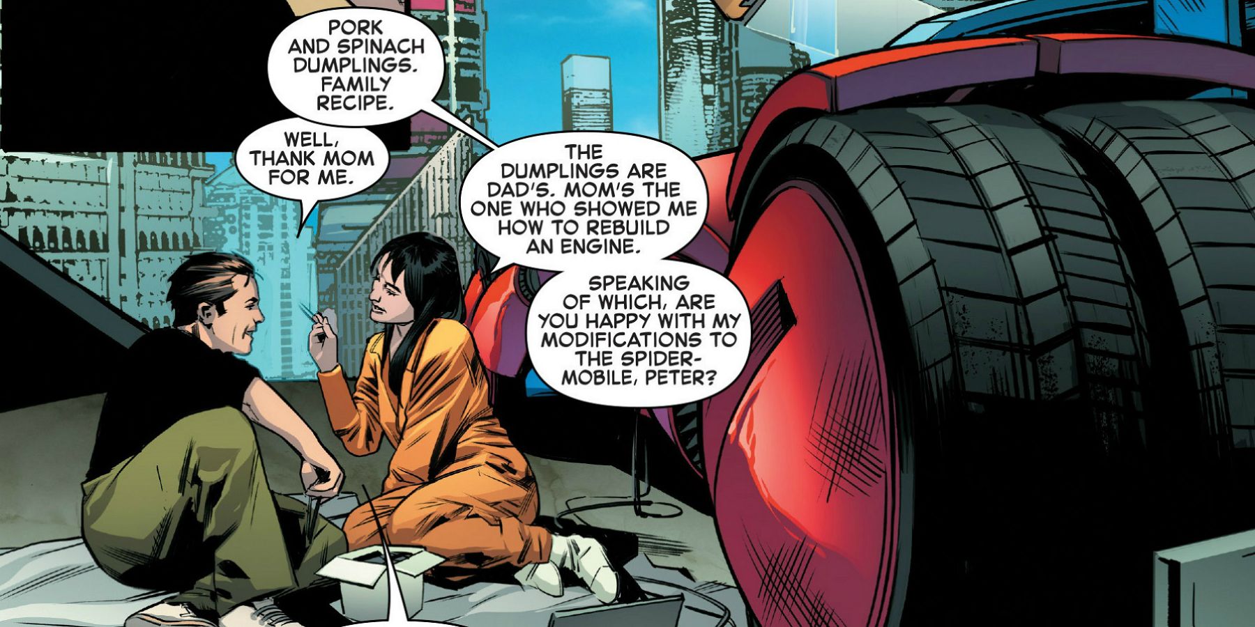 Peter Parker on a date with Lian Tang by the Spider-Mobile
