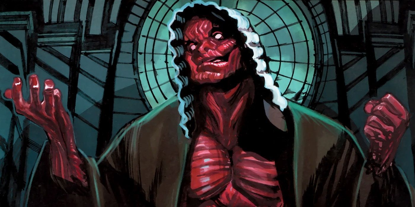 A panel from Marvel's Uncanny X Force series shows the Skinless Man with his hands raised