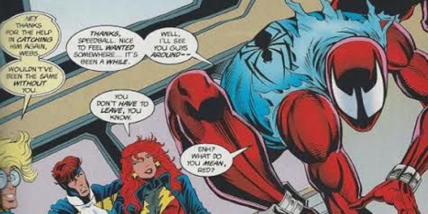 The Scarlet Spider swings away from the New Warriors in Marvel Comics